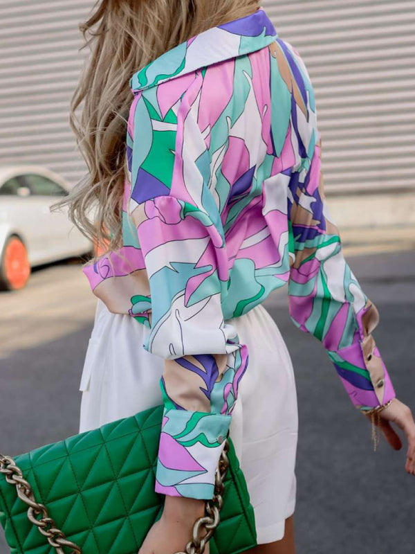 Women's loose spring and autumn printed single-breasted lantern long-sleeved shirt BLUE ZONE PLANET