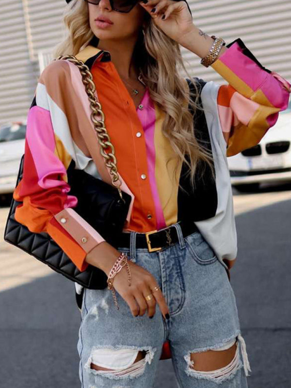 Women's loose spring and autumn printed single-breasted lantern long-sleeved shirt BLUE ZONE PLANET