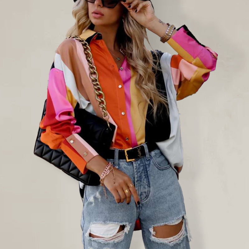 Women's loose spring and autumn printed single-breasted lantern long-sleeved shirt BLUE ZONE PLANET