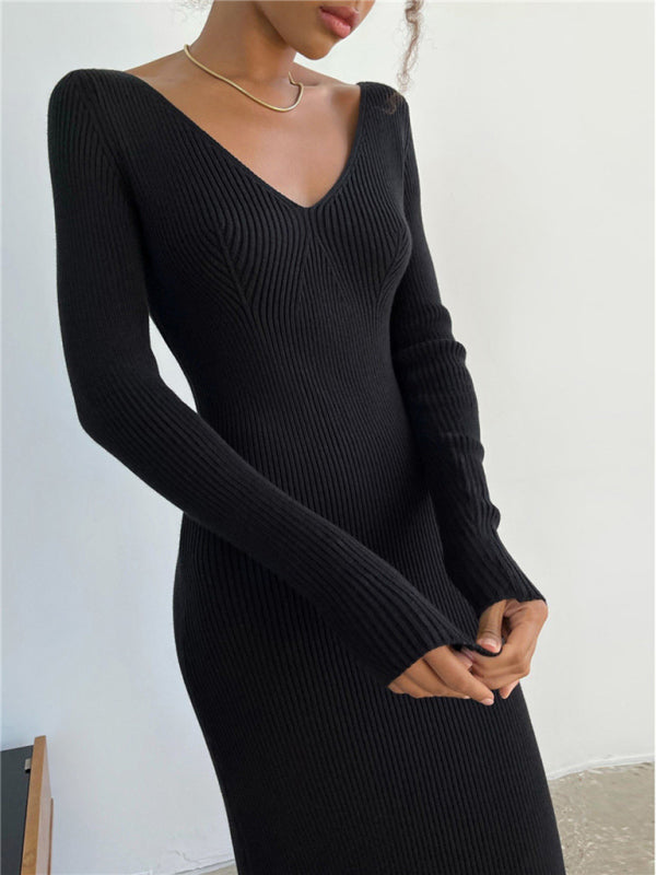 Blue Zone Planet | Slim long-sleeved knitted bodycon solid color maxi dress BLUE ZONE PLANET