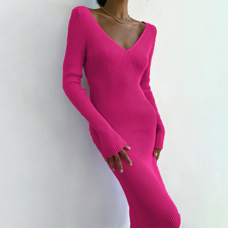 Blue Zone Planet | Slim long-sleeved knitted bodycon solid color maxi dress BLUE ZONE PLANET