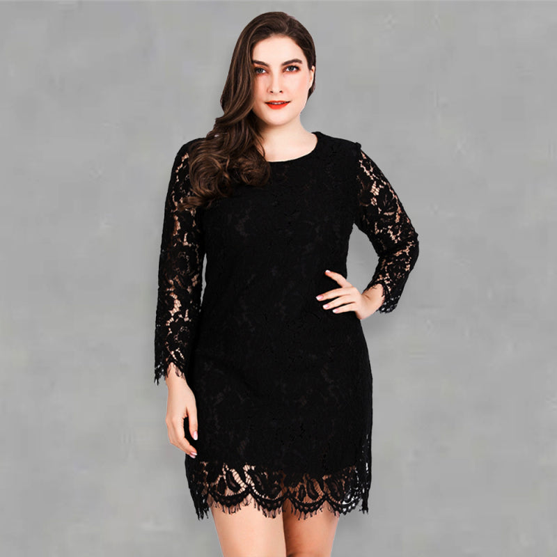 Blue Zone Planet | Plus size black lace round neck long-sleeved mini dress BLUE ZONE PLANET