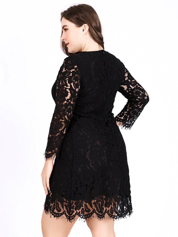 Blue Zone Planet | Plus size black lace round neck long-sleeved mini dress BLUE ZONE PLANET