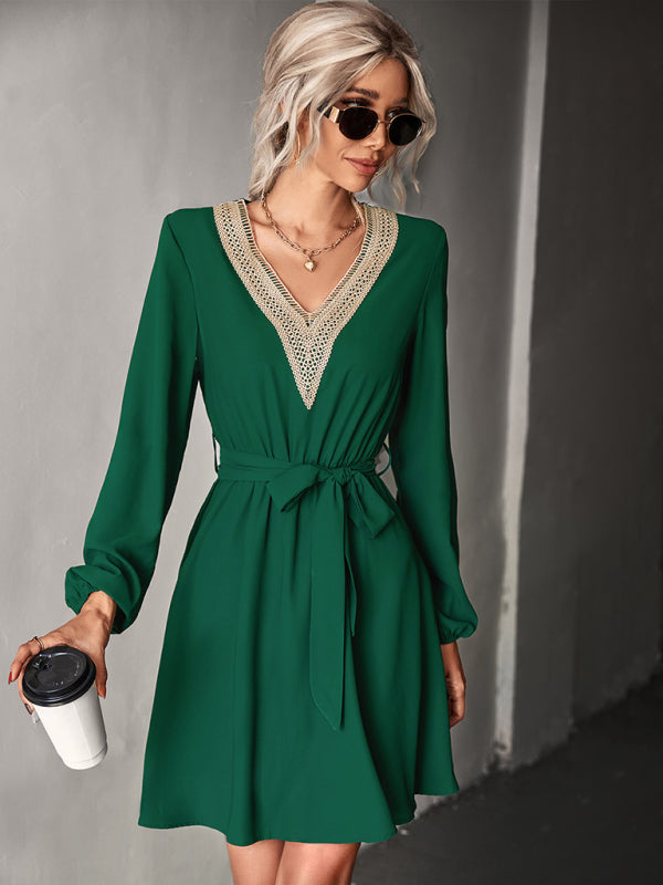 Blue Zone Planet | Fashion V-neck lace long-sleeved dress kakaclo