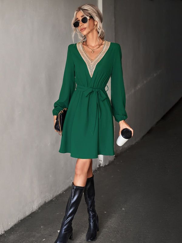 Blue Zone Planet | Fashion V-neck lace long-sleeved dress kakaclo