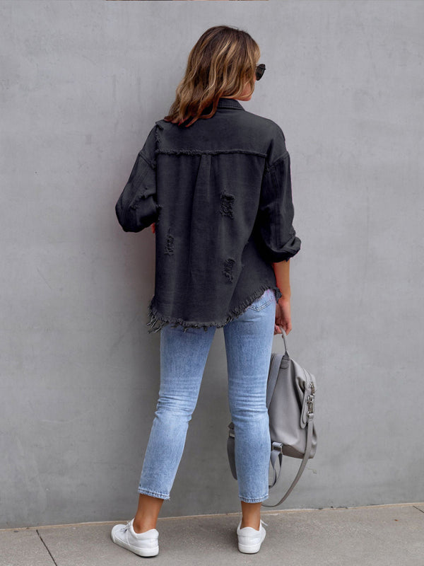 Raw edge ripped denim jacket Temperament trendy jacket BLUE ZONE PLANET