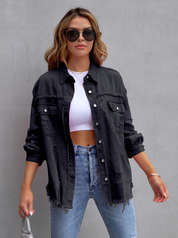 Raw edge ripped denim jacket Temperament trendy jacket BLUE ZONE PLANET