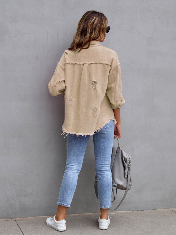 Raw edge ripped denim jacket Temperament trendy jacket BLUE ZONE PLANET