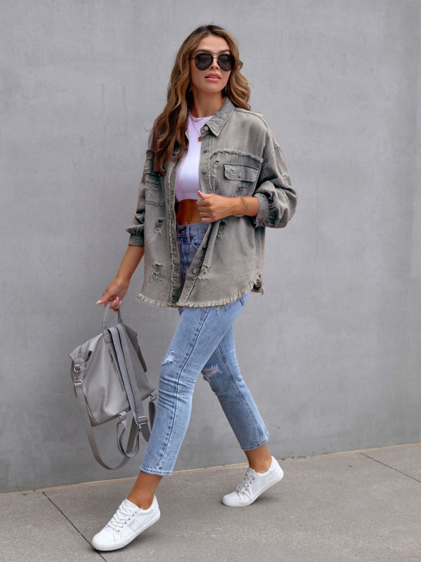 Raw edge ripped denim jacket Temperament trendy jacket BLUE ZONE PLANET