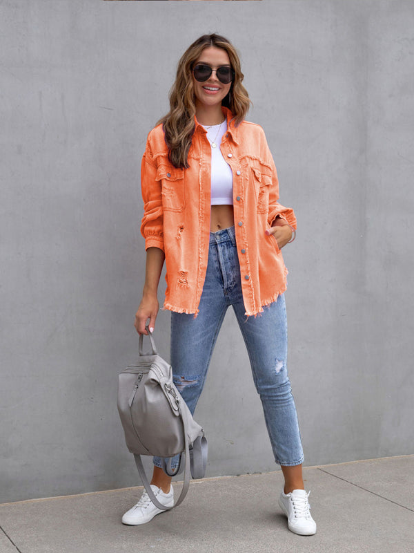 Raw edge ripped denim jacket Temperament trendy jacket BLUE ZONE PLANET