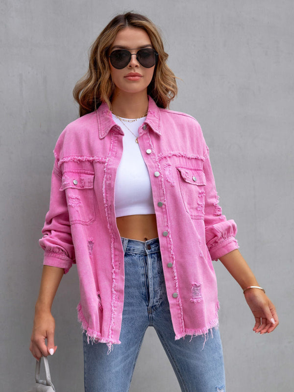 Raw edge ripped denim jacket Temperament trendy jacket BLUE ZONE PLANET