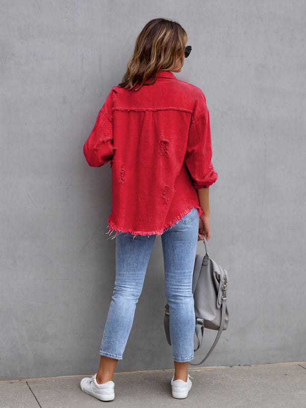 Raw edge ripped denim jacket Temperament trendy jacket BLUE ZONE PLANET