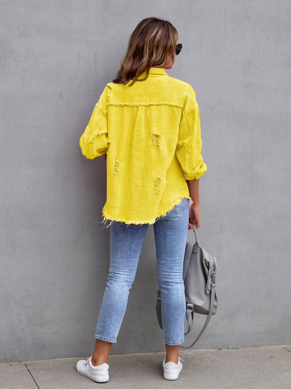 Raw edge ripped denim jacket Temperament trendy jacket BLUE ZONE PLANET