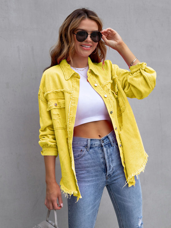 Raw edge ripped denim jacket Temperament trendy jacket BLUE ZONE PLANET