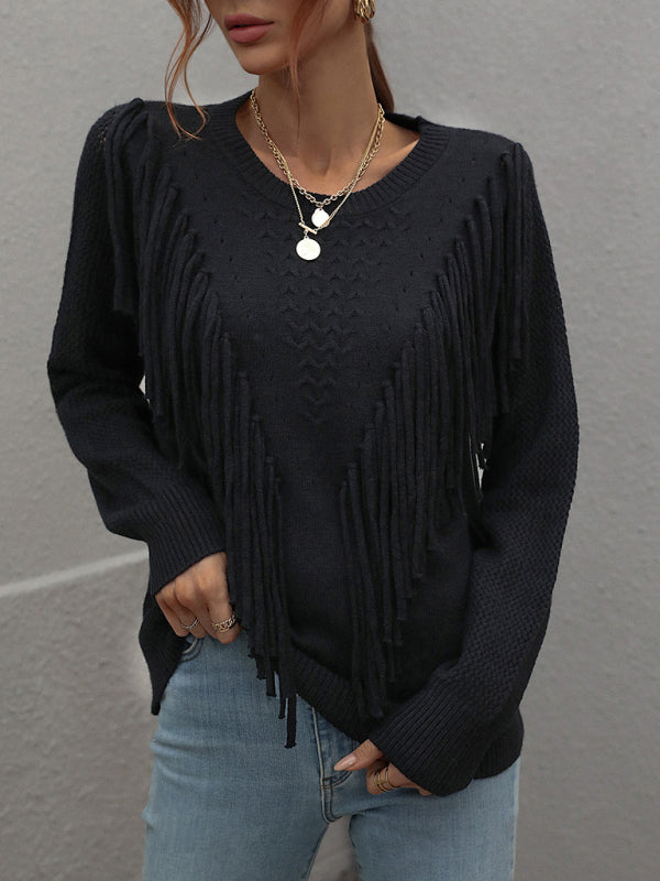 Pullover loose solid color knit fringed sweater kakaclo