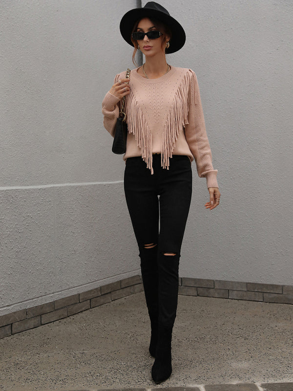 Pullover loose solid color knit fringed sweater kakaclo