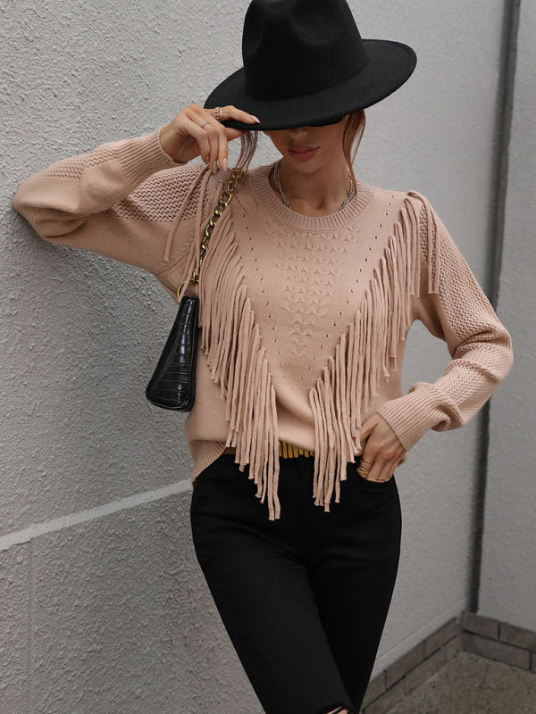 Pullover loose solid color knit fringed sweater kakaclo