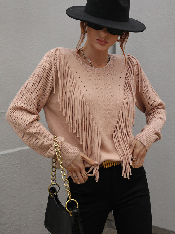 Pullover loose solid color knit fringed sweater kakaclo