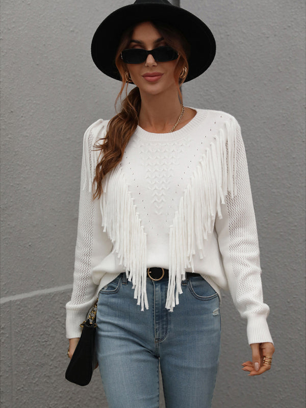 Pullover loose solid color knit fringed sweater kakaclo