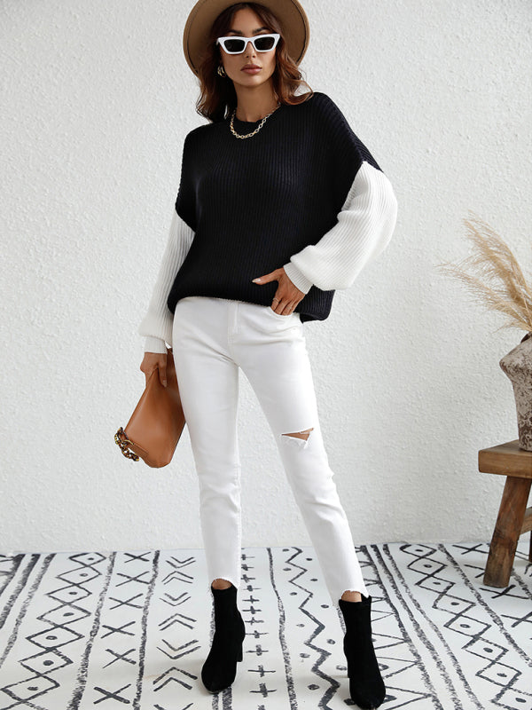 Blue Zone Planet | Crew Neck Knit Long Sleeve Striped Loose Sweater BLUE ZONE PLANET