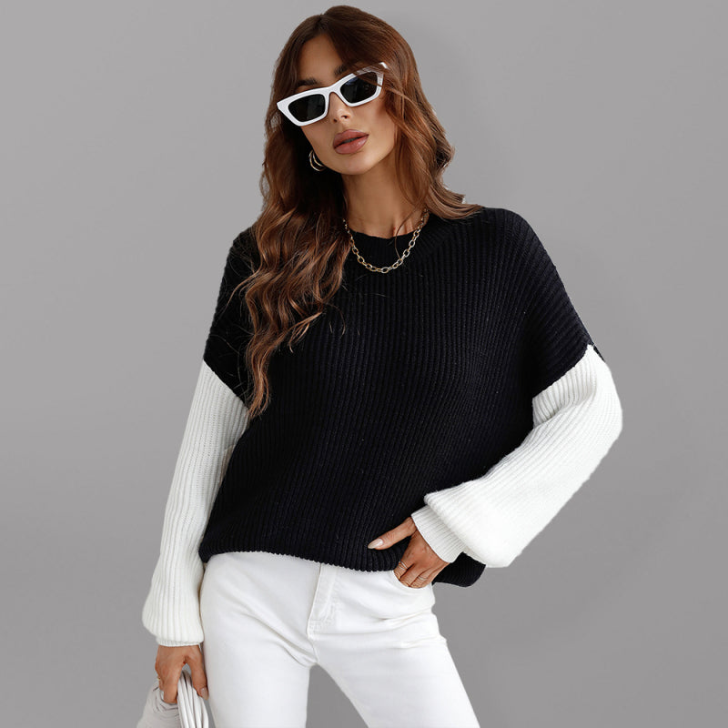 Blue Zone Planet | Crew Neck Knit Long Sleeve Striped Loose Sweater BLUE ZONE PLANET
