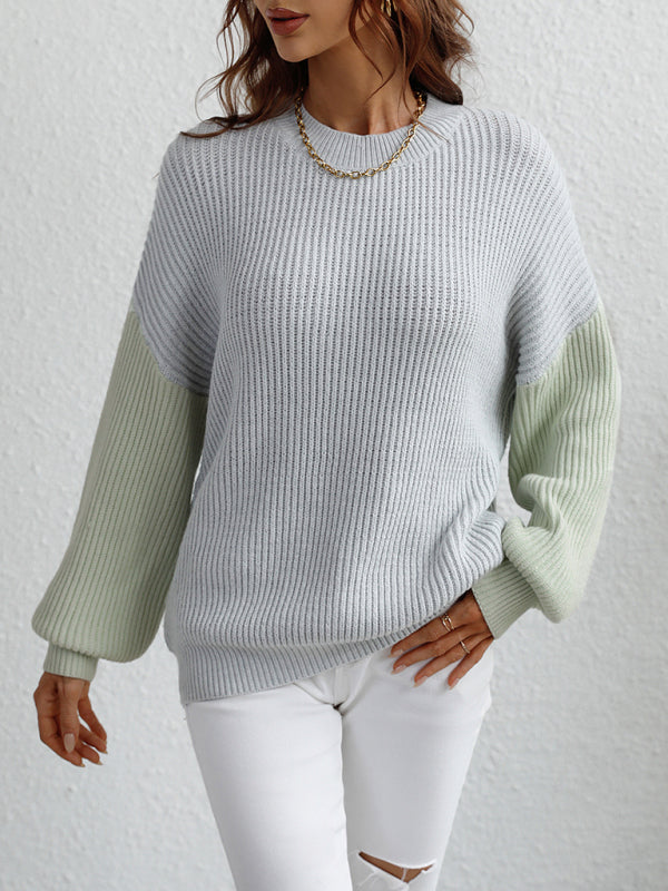 Blue Zone Planet | Crew Neck Knit Long Sleeve Striped Loose Sweater BLUE ZONE PLANET
