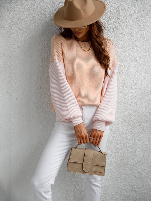 Blue Zone Planet | Crew Neck Knit Long Sleeve Striped Loose Sweater BLUE ZONE PLANET