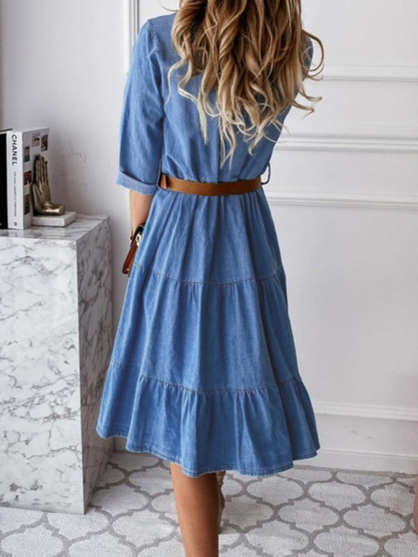 Denim Lapel Panel Button Breasted Midi Dress BLUE ZONE PLANET