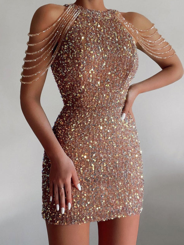 Sequined Chain Beads Bodycon Party Dress BLUE ZONE PLANET