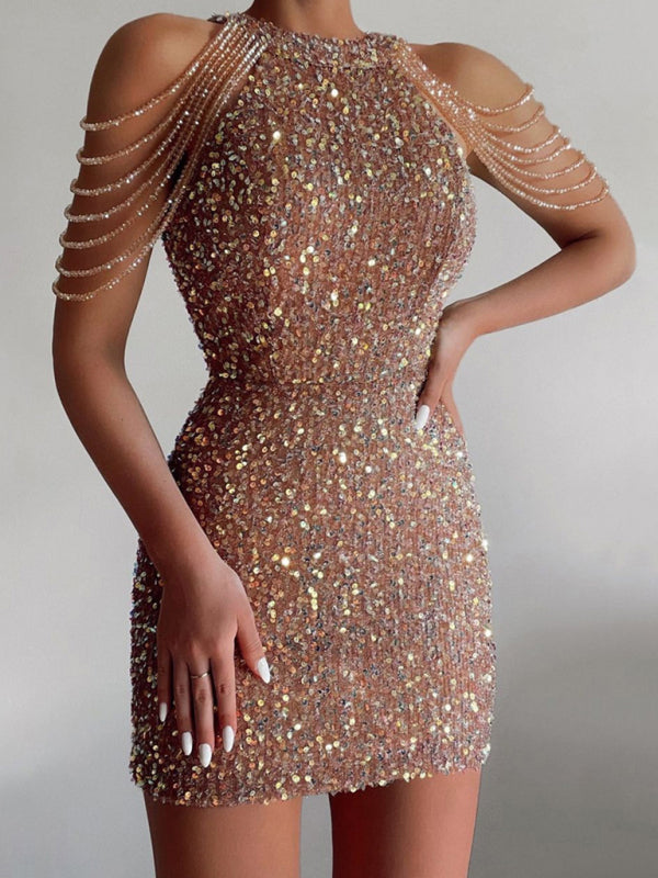 Sequined Chain Beads Bodycon Party Dress BLUE ZONE PLANET