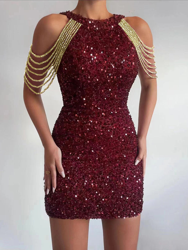 Sequined Chain Beads Bodycon Party Dress BLUE ZONE PLANET