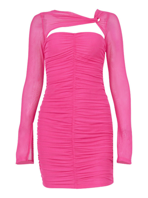 Blue Zone Planet | Sexy mesh hollow perspective pleated long-sleeved wrap hip dress kakaclo
