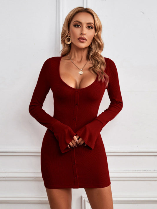 Blue Zone Planet |  Women's Sexy hip skirt single-breasted U-neck knitted long-sleeved temperament dress kakaclo