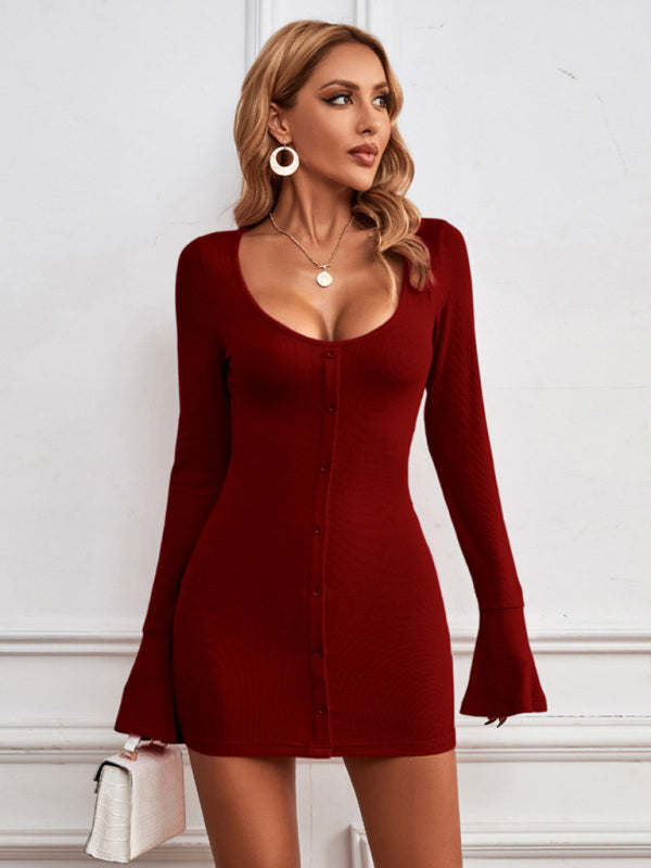 Blue Zone Planet | Women's Sexy hip skirt single-breasted U-neck knitted long-sleeved temperament dress kakaclo