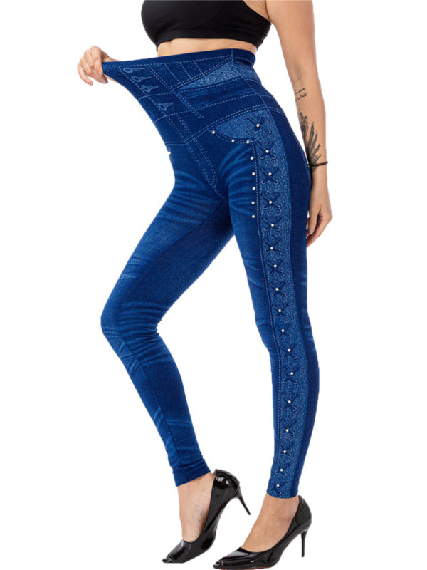 High waist beaded leggings stretch slim cropped pants kakaclo