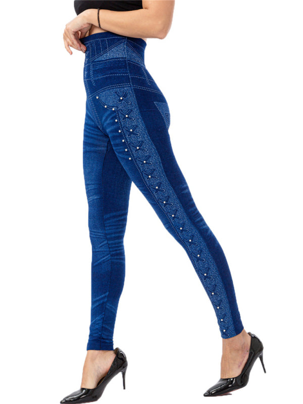 High waist beaded leggings stretch slim cropped pants kakaclo