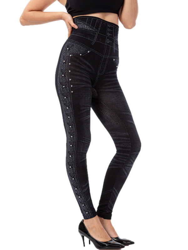 High waist beaded leggings stretch slim cropped pants kakaclo
