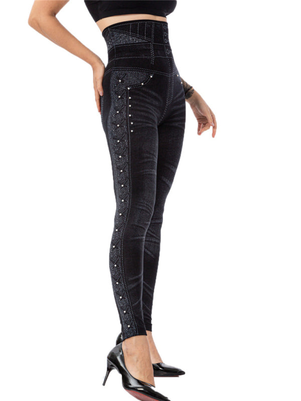 High waist beaded leggings stretch slim cropped pants kakaclo