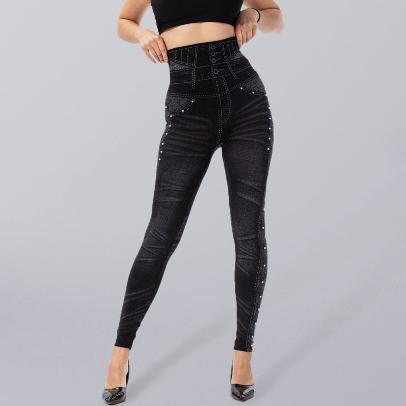 High waist beaded leggings stretch slim cropped pants kakaclo