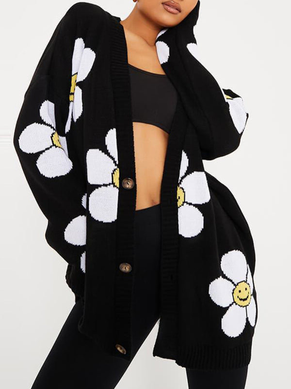Blue Zone Planet | Love flower mid-length V-neck jacket loose casual knitted cardigan kakaclo