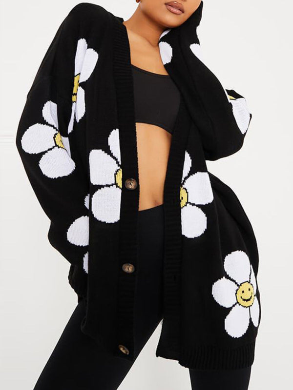 Blue Zone Planet | Love flower mid-length V-neck jacket loose casual knitted cardigan kakaclo