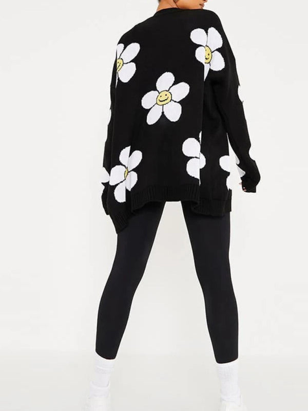Blue Zone Planet | Love flower mid-length V-neck jacket loose casual knitted cardigan kakaclo