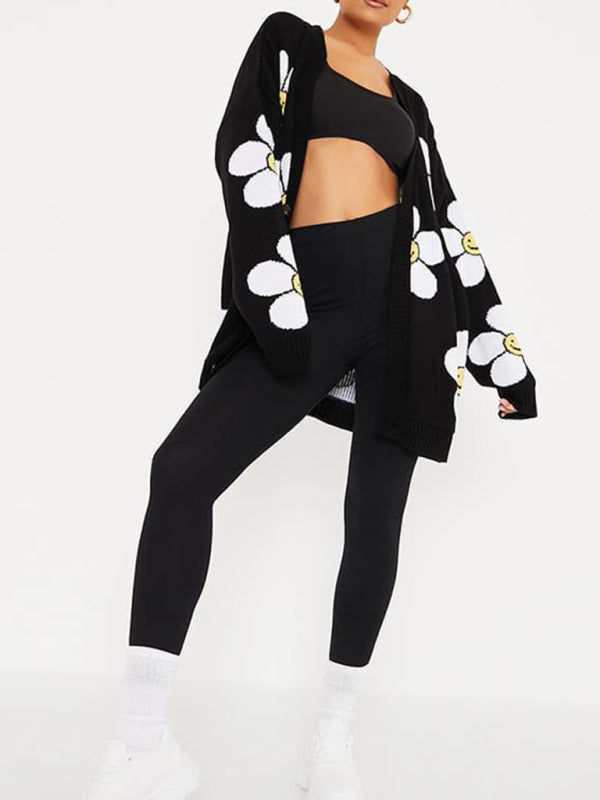 Blue Zone Planet | Love flower mid-length V-neck jacket loose casual knitted cardigan kakaclo