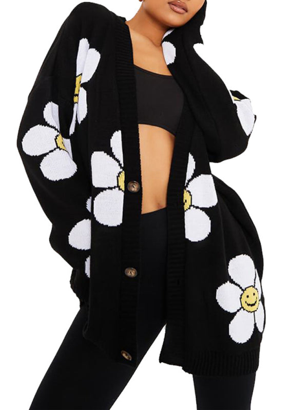 Blue Zone Planet | Love flower mid-length V-neck jacket loose casual knitted cardigan kakaclo