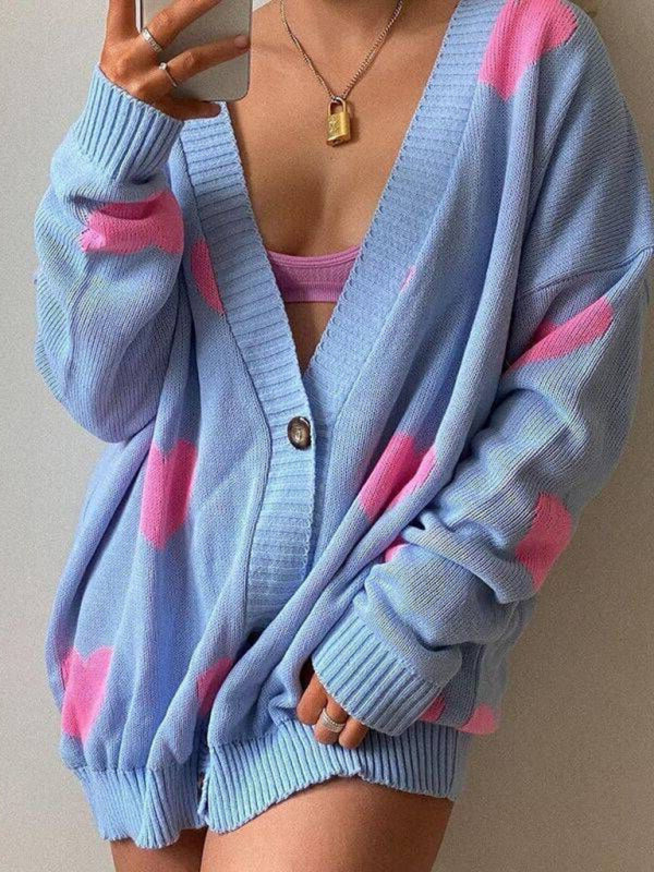 Blue Zone Planet | Love flower mid-length V-neck jacket loose casual knitted cardigan kakaclo