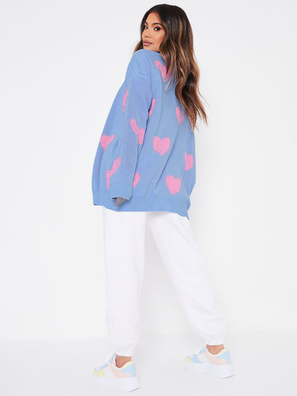 Blue Zone Planet | Love flower mid-length V-neck jacket loose casual knitted cardigan kakaclo