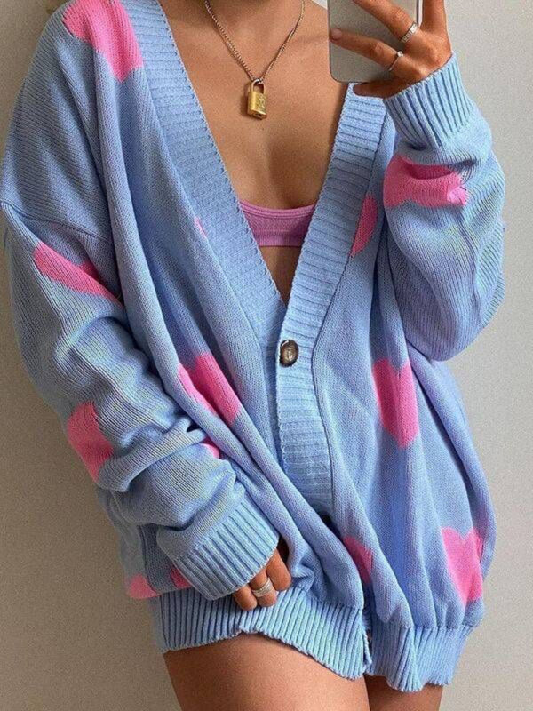 Blue Zone Planet | Love flower mid-length V-neck jacket loose casual knitted cardigan kakaclo