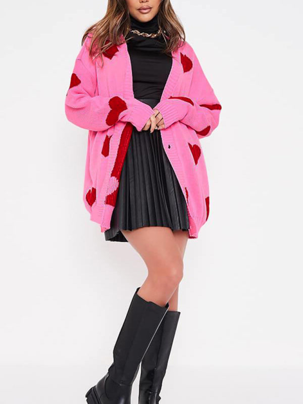 Blue Zone Planet | Love flower mid-length V-neck jacket loose casual knitted cardigan kakaclo