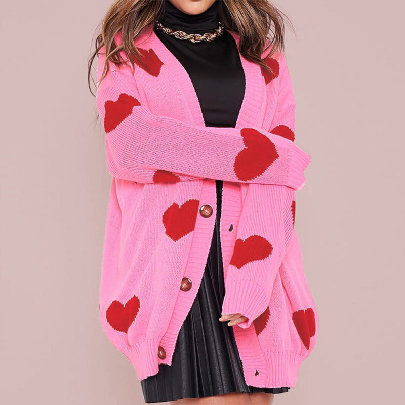 Blue Zone Planet | Love flower mid-length V-neck jacket loose casual knitted cardigan kakaclo