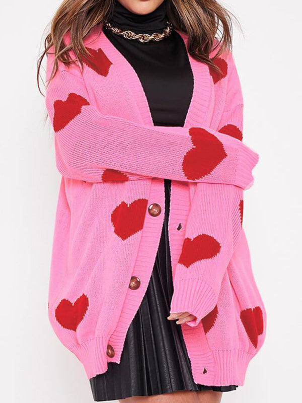 Blue Zone Planet | Love flower mid-length V-neck jacket loose casual knitted cardigan kakaclo